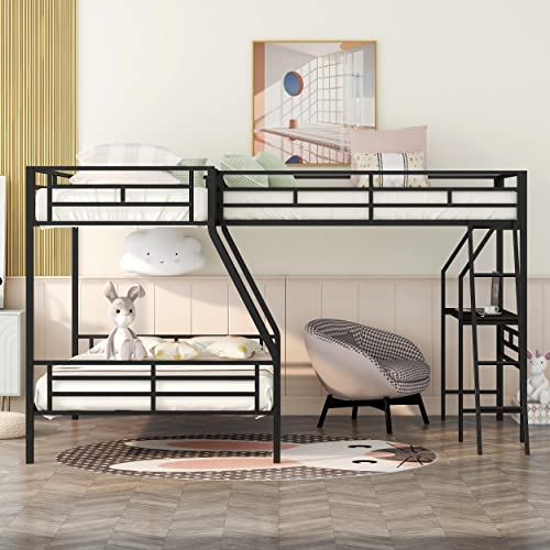 L-Shaped Metal Triple Bunk Bed for 3, Twin Over Full Bunk Bed with a Twin Size Loft Bed Attached, with a Desk, 3 Beds Bunk Bed Frame for Kids Teens Adults - Black