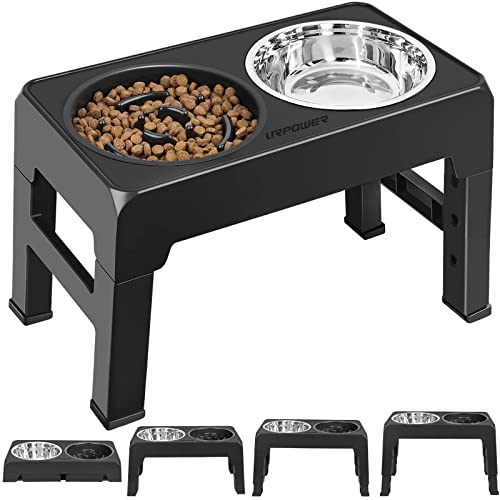 URPOWER Raised Slow Feeder Dog Bowls 4 Height Adjustable Elevated with Stainless Steel Water Bowl and Non-Slip Food Stand for Small Medium Large Dogs Pets