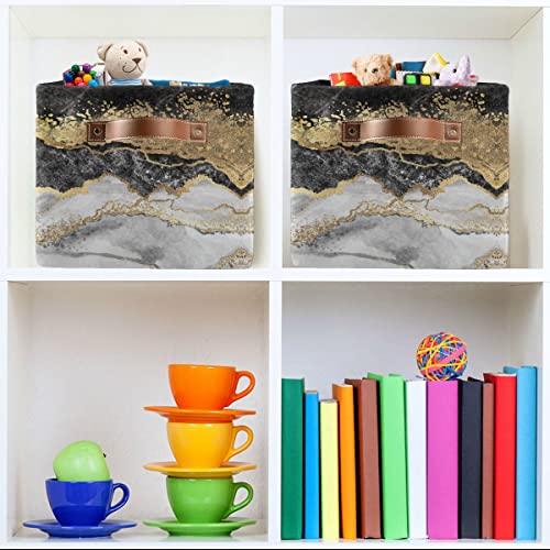 susiyo Foldable Storage Bins, Gold Foil Grey Black Marble Storage Cubes Bin Baskets for Shelves with Handles Decorative Fabric Storage Baskets for Organizing Shelves Closet Nursery Home Toys 2 Pack
