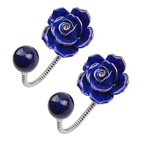 MOROBOR Dark Blue Gold Edge Rose Ceramic Wall Hanging Coat Hooks,2pcs 3D Rose Shape Chrome Decorative Robe Hooks Decorative Flower Wall Hanging Hooks for Hanging Scarves,Bags,Hats