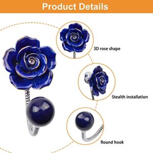 MOROBOR Dark Blue Gold Edge Rose Ceramic Wall Hanging Coat Hooks,2pcs 3D Rose Shape Chrome Decorative Robe Hooks Decorative Flower Wall Hanging Hooks for Hanging Scarves,Bags,Hats