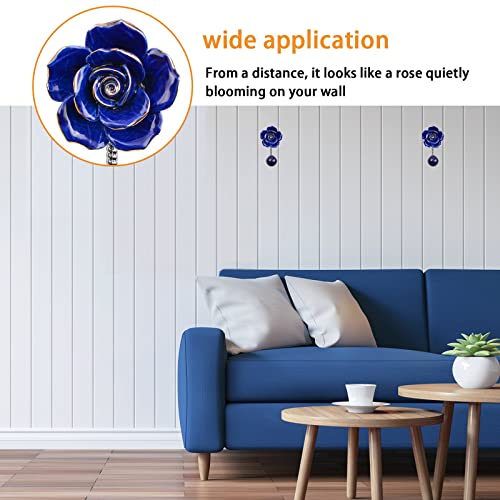 MOROBOR Dark Blue Gold Edge Rose Ceramic Wall Hanging Coat Hooks,2pcs 3D Rose Shape Chrome Decorative Robe Hooks Decorative Flower Wall Hanging Hooks for Hanging Scarves,Bags,Hats