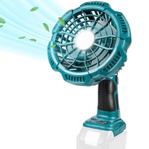 portable table fan, 18v battery operated fan with led light, quiet small personal fan 3 speed strong airflow, adjustable tilt remote control rechargeable fan for tent, bedroom, office, jobsite