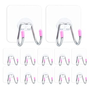 adhesive double hook wall hooks, 12 pack heavy duty nailless adhesive hooks - max 13lbs capacity, stainless steel non-marking bathroom kitchen reusable water and oil resistant seamless hook wall hooks