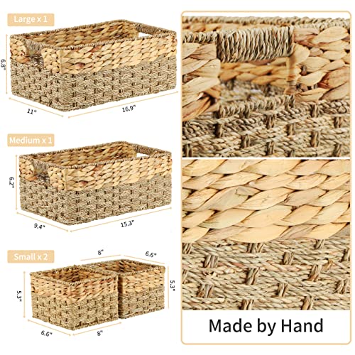 Graciadeco Pantry Organization and Storage Baskets for Shelves Nesting Hand-Woven Water Hyacinth & Seagrass Baskets for Organizing Kitchen with Handles, 4 Sets