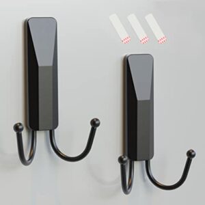 richer house black double wall hooks for hanging, 2 pack removable adhesive coat hooks with 3 strips, organize damage-free sticky hooks, utility hooks hanging heavy duty for coat, towel, hat, key