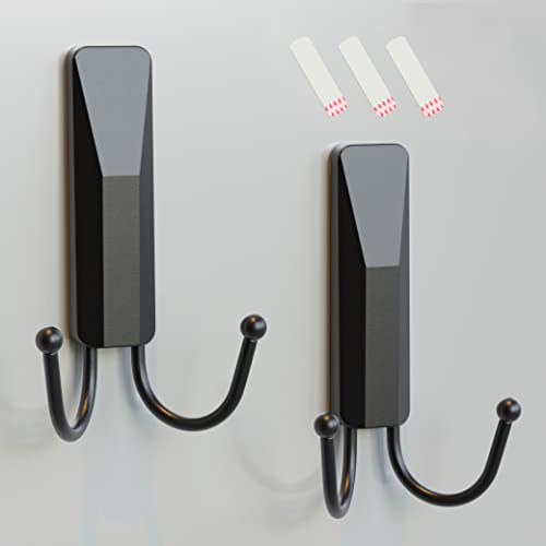 RICHER HOUSE Black Double Wall Hooks for Hanging, 2 Pack Removable Adhesive Coat Hooks with 3 Strips, Organize Damage-Free Sticky Hooks, Utility Hooks Hanging Heavy Duty for Coat, Towel, Hat, Key