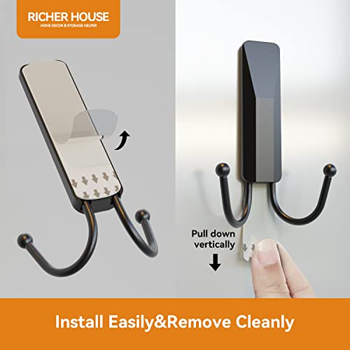 RICHER HOUSE Black Double Wall Hooks for Hanging, 2 Pack Removable Adhesive Coat Hooks with 3 Strips, Organize Damage-Free Sticky Hooks, Utility Hooks Hanging Heavy Duty for Coat, Towel, Hat, Key