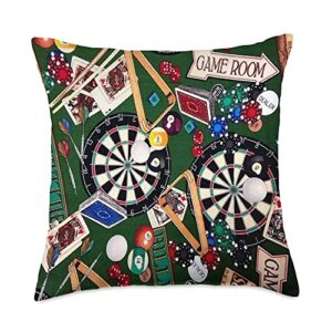 game room billiards darts & cards throw pillow, 18x18, multicolor