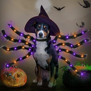 Camlinbo 24 LED Spider Dog Dinosaur Halloween Costume for Small Medium Large Dogs, Furry Giant Spider with Orange Purple Lights Puppy Pet Costume Outfits Clothes Funny Halloween Costume Party Cosplay