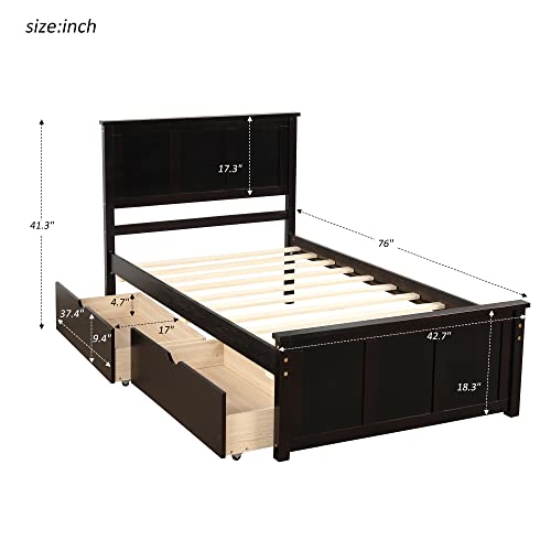Harper & Bright Designs Twin Bed with Storage Drawers, Solid Wood Platform Bed Frame with Headboard - Espresso