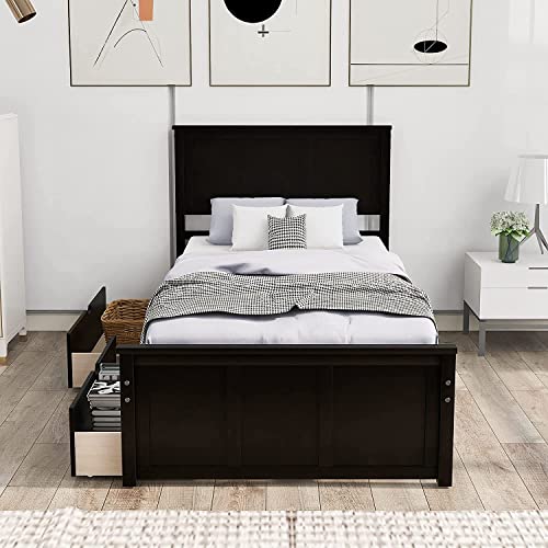 Harper & Bright Designs Twin Bed with Storage Drawers, Solid Wood Platform Bed Frame with Headboard - Espresso