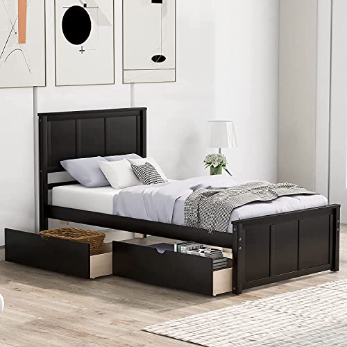 Harper & Bright Designs Twin Bed with Storage Drawers, Solid Wood Platform Bed Frame with Headboard - Espresso