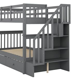 Twin Over Twin Bunk Bed with Trundle and Stairs, Solid Wood Bunk Beds Frame with Storage for Kids, Teens, Adults, Bedroom, Dorm. No Box Spring Needed (Gray)