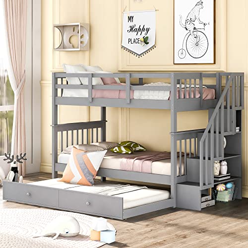 Twin Over Twin Bunk Bed with Trundle and Stairs, Solid Wood Bunk Beds Frame with Storage for Kids, Teens, Adults, Bedroom, Dorm. No Box Spring Needed (Gray)