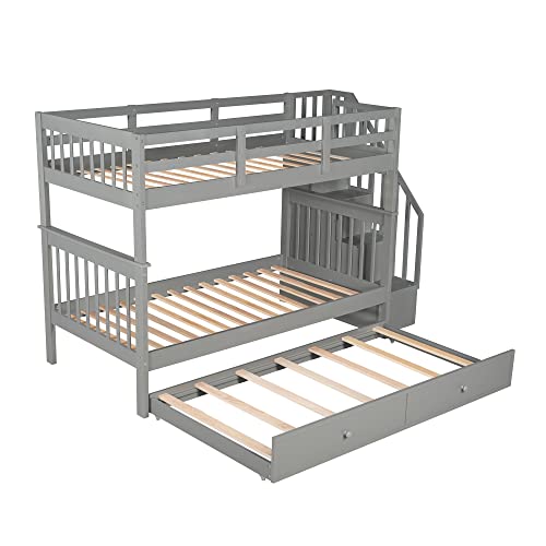 Twin Over Twin Bunk Bed with Trundle and Stairs, Solid Wood Bunk Beds Frame with Storage for Kids, Teens, Adults, Bedroom, Dorm. No Box Spring Needed (Gray)
