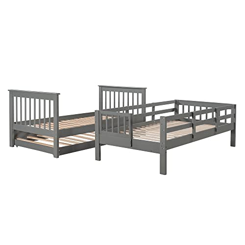 Twin Over Twin Bunk Bed with Trundle and Stairs, Solid Wood Bunk Beds Frame with Storage for Kids, Teens, Adults, Bedroom, Dorm. No Box Spring Needed (Gray)