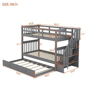 Twin Over Twin Bunk Bed with Trundle and Stairs, Solid Wood Bunk Beds Frame with Storage for Kids, Teens, Adults, Bedroom, Dorm. No Box Spring Needed (Gray)