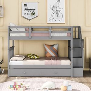 Twin Over Twin Bunk Bed with Trundle and Stairs, Solid Wood Bunk Beds Frame with Storage for Kids, Teens, Adults, Bedroom, Dorm. No Box Spring Needed (Gray)