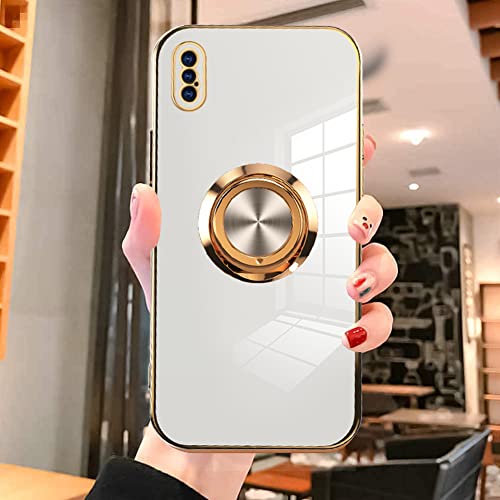 KANGHAR Compatible with iPhone Xs Max Case for Women Girls, Plating Built-in 360 Rotation Magnetic Ring Kickstand Holder Soft Slim Shockproof Bumper Protective Cover (White)
