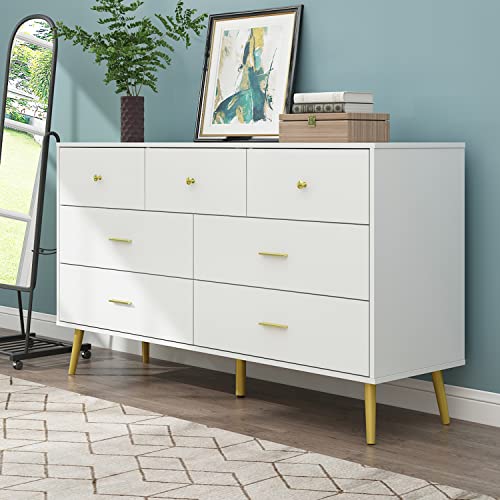 Homsee 7 Drawer Double Dresser with Solid Legs, Modern Wood Dresser Chest of Drawers with Large Storage Space for Bedroom, White (55.9”L x 15.7”W x 31.5”H)