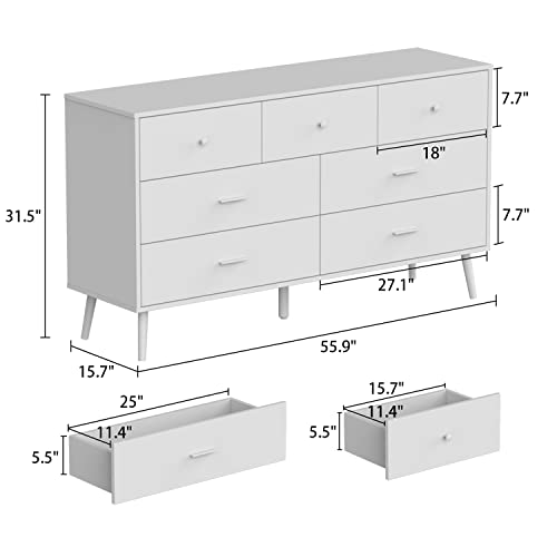 Homsee 7 Drawer Double Dresser with Solid Legs, Modern Wood Dresser Chest of Drawers with Large Storage Space for Bedroom, White (55.9”L x 15.7”W x 31.5”H)