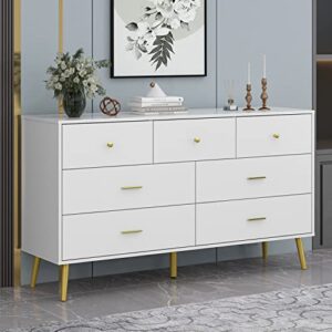 Homsee 7 Drawer Double Dresser with Solid Legs, Modern Wood Dresser Chest of Drawers with Large Storage Space for Bedroom, White (55.9”L x 15.7”W x 31.5”H)