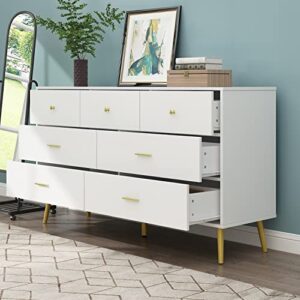 Homsee 7 Drawer Double Dresser with Solid Legs, Modern Wood Dresser Chest of Drawers with Large Storage Space for Bedroom, White (55.9”L x 15.7”W x 31.5”H)