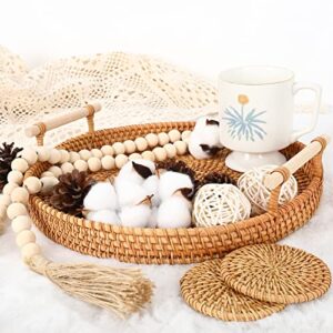 Whaline 4pcs Rattan Round Woven Tray Bread Basket Wicker Serving Tray Coffee Table Decorative Tray with Handles Free Wood Bead Garland Coaster Boho Farmhouse Decor for Living Room Kitchen (11 inch)