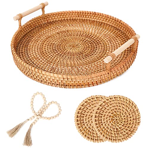 Whaline 4pcs Rattan Round Woven Tray Bread Basket Wicker Serving Tray Coffee Table Decorative Tray with Handles Free Wood Bead Garland Coaster Boho Farmhouse Decor for Living Room Kitchen (11 inch)