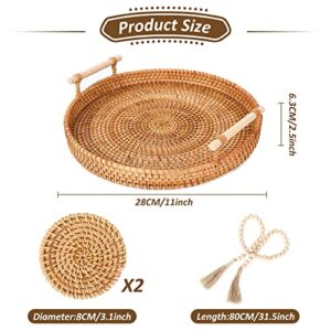 Whaline 4pcs Rattan Round Woven Tray Bread Basket Wicker Serving Tray Coffee Table Decorative Tray with Handles Free Wood Bead Garland Coaster Boho Farmhouse Decor for Living Room Kitchen (11 inch)