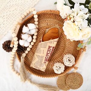 Whaline 4pcs Rattan Round Woven Tray Bread Basket Wicker Serving Tray Coffee Table Decorative Tray with Handles Free Wood Bead Garland Coaster Boho Farmhouse Decor for Living Room Kitchen (11 inch)