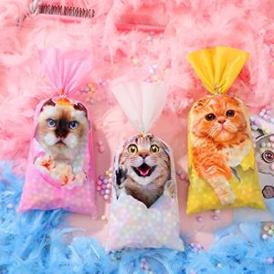 Hotop 100 PCS Cat Cellophane Bags Gift Treat Goodie Candy Party Favor Bag with 150 Ties Kitty Themed Birthday Decorations Supplies for Kids Home Classroom Baby Shower