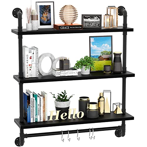 armocity 3 Tier Floating Shelves Industrial Pipe Shelving Iron Pipe Shelves with Towel Bar, Wood Bathroom Shelves Wall Mounted Pipe Wall Shelf with Hooks for Bedroom, Bathroom, Living Room, Black