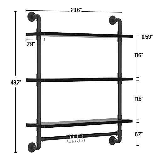 armocity 3 Tier Floating Shelves Industrial Pipe Shelving Iron Pipe Shelves with Towel Bar, Wood Bathroom Shelves Wall Mounted Pipe Wall Shelf with Hooks for Bedroom, Bathroom, Living Room, Black