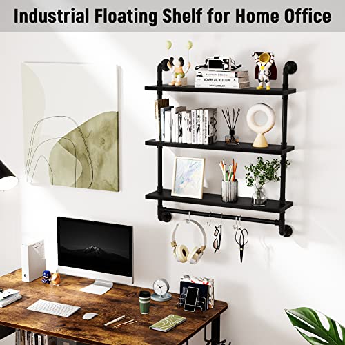 armocity 3 Tier Floating Shelves Industrial Pipe Shelving Iron Pipe Shelves with Towel Bar, Wood Bathroom Shelves Wall Mounted Pipe Wall Shelf with Hooks for Bedroom, Bathroom, Living Room, Black