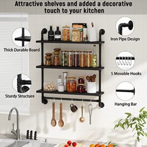 armocity 3 Tier Floating Shelves Industrial Pipe Shelving Iron Pipe Shelves with Towel Bar, Wood Bathroom Shelves Wall Mounted Pipe Wall Shelf with Hooks for Bedroom, Bathroom, Living Room, Black