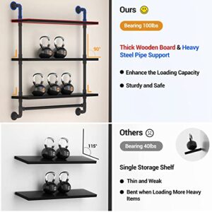 armocity 3 Tier Floating Shelves Industrial Pipe Shelving Iron Pipe Shelves with Towel Bar, Wood Bathroom Shelves Wall Mounted Pipe Wall Shelf with Hooks for Bedroom, Bathroom, Living Room, Black