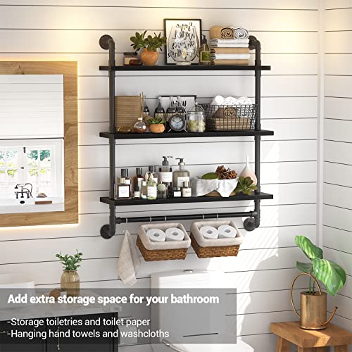 armocity 3 Tier Floating Shelves Industrial Pipe Shelving Iron Pipe Shelves with Towel Bar, Wood Bathroom Shelves Wall Mounted Pipe Wall Shelf with Hooks for Bedroom, Bathroom, Living Room, Black