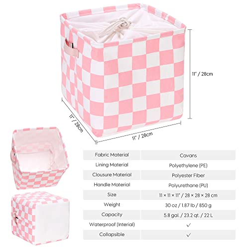 Hinwo 3-Pack Cubic Organizer Shelf Bins, Canvas Fabric Storage Baskets with Handles, 22L/5.8-Gal Square Storage Bins, Cubes, Collapsible Storage Box, 11 x 11 x 11 Inches (S, Pink Checkerboard)