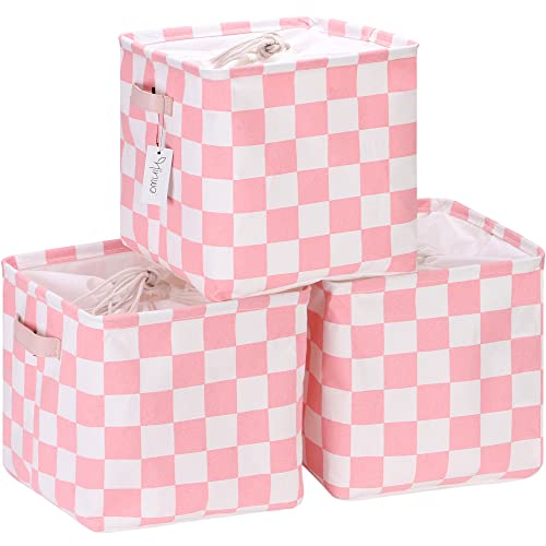 Hinwo 3-Pack Cubic Organizer Shelf Bins, Canvas Fabric Storage Baskets with Handles, 22L/5.8-Gal Square Storage Bins, Cubes, Collapsible Storage Box, 11 x 11 x 11 Inches (S, Pink Checkerboard)