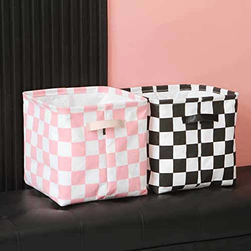 Hinwo 3-Pack Cubic Organizer Shelf Bins, Canvas Fabric Storage Baskets with Handles, 22L/5.8-Gal Square Storage Bins, Cubes, Collapsible Storage Box, 11 x 11 x 11 Inches (S, Pink Checkerboard)