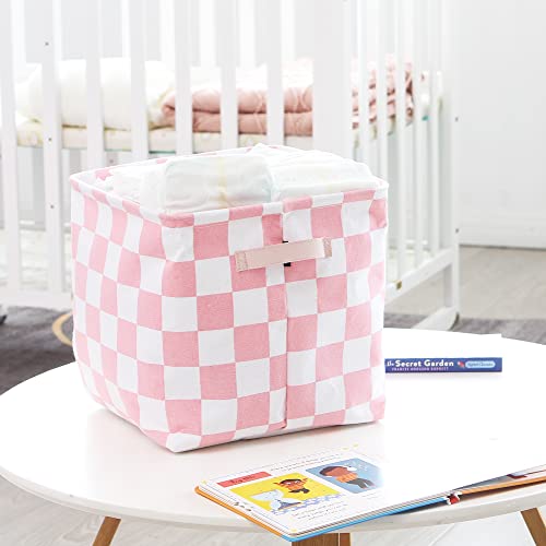 Hinwo 3-Pack Cubic Organizer Shelf Bins, Canvas Fabric Storage Baskets with Handles, 22L/5.8-Gal Square Storage Bins, Cubes, Collapsible Storage Box, 11 x 11 x 11 Inches (S, Pink Checkerboard)