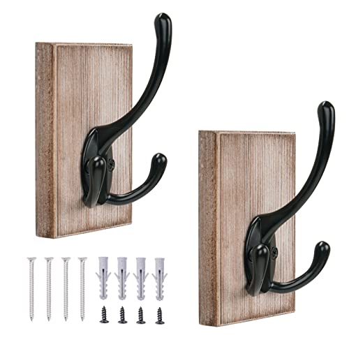 OLBET Rustic Farmhouse Towel Hooks for Bathroom Wall Mounted - Rustic Wall Hooks for Hanging Coats - 2 Pack - Retro Iron Wood Hooks - Classical Heavy Duty Hangers for Your House - Weathered White