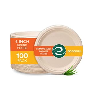 eco soul 100% compostable 6 inch paper plates [100-pack] disposable party plates i heavy duty eco-friendly sturdy appetizer plates disposable i biodegradable unbleached sugarcane eco plates