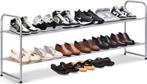 misslo 2 tier long shoe rack for closet shoe organizer holds 18-pairs, wide low stackable shoe storage shelf for bedroom floor, men boots, women heels, kids sneakers (grey)