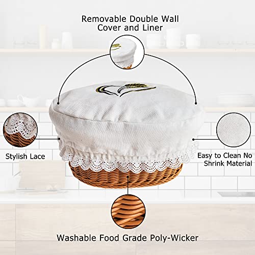 A ARTIZANKA Extra Large 12.5' Bread Basket Serving Set for Sourdough Bread, Pastries, Muffins, Bagels. Includes Removable Liner and Cover, Storage and Fruit basket (Poly Wicker Extra Large Basket)