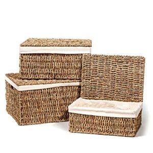 set of 3 rectangular seagrass baskets with lids and removable fabric liners by trademark innovations (small)