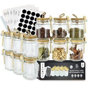 design inn 12 airtight glass spice jars with bamboo lids - 8oz empty spice bottles containers, 100 white, spice jars with label & spoon, 40 black labels and pen, spice containers