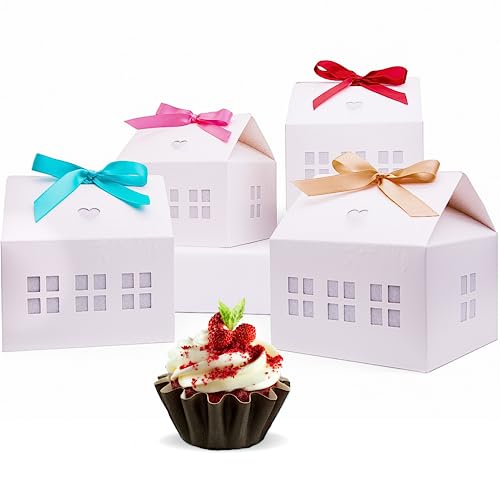 Karentology- 20 Pcs House Shaped Gift Boxes with Ribbons House Boxes for Treats, Treat Boxes for Dessert, Fancy Cookie Boxes for Gift Giving, White Gable Box, Gift Bag Bakery Boxes Party Favors